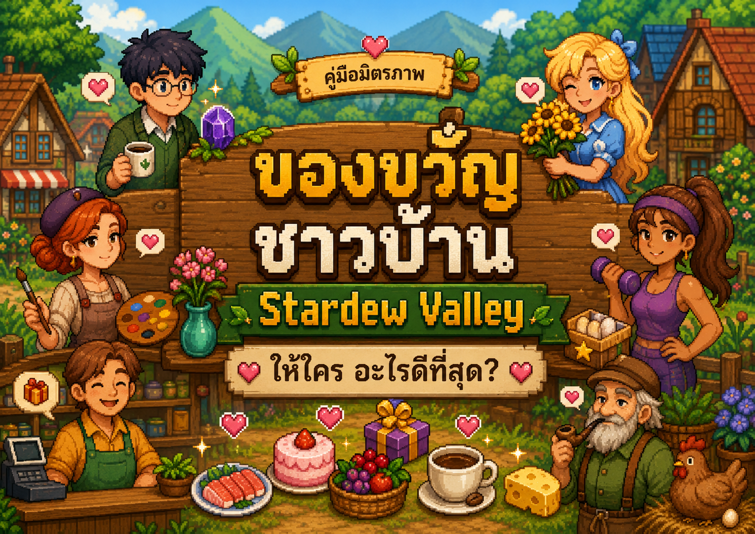 ปกบทความของขวัญชาวบ้าน Stardew Valley พร้อมไอคอนของขวัญและชาวบ้าน