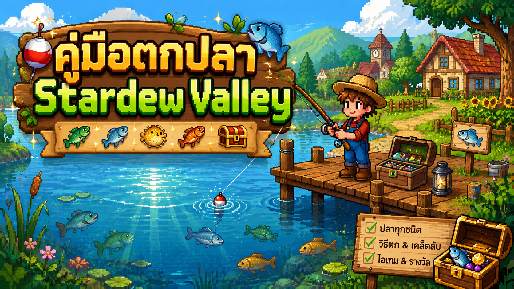 ปกบทความคู่มือตกปลา Stardew Valley พร้อมไอคอนปลา เบ็ด เหยื่อ และทุ่น